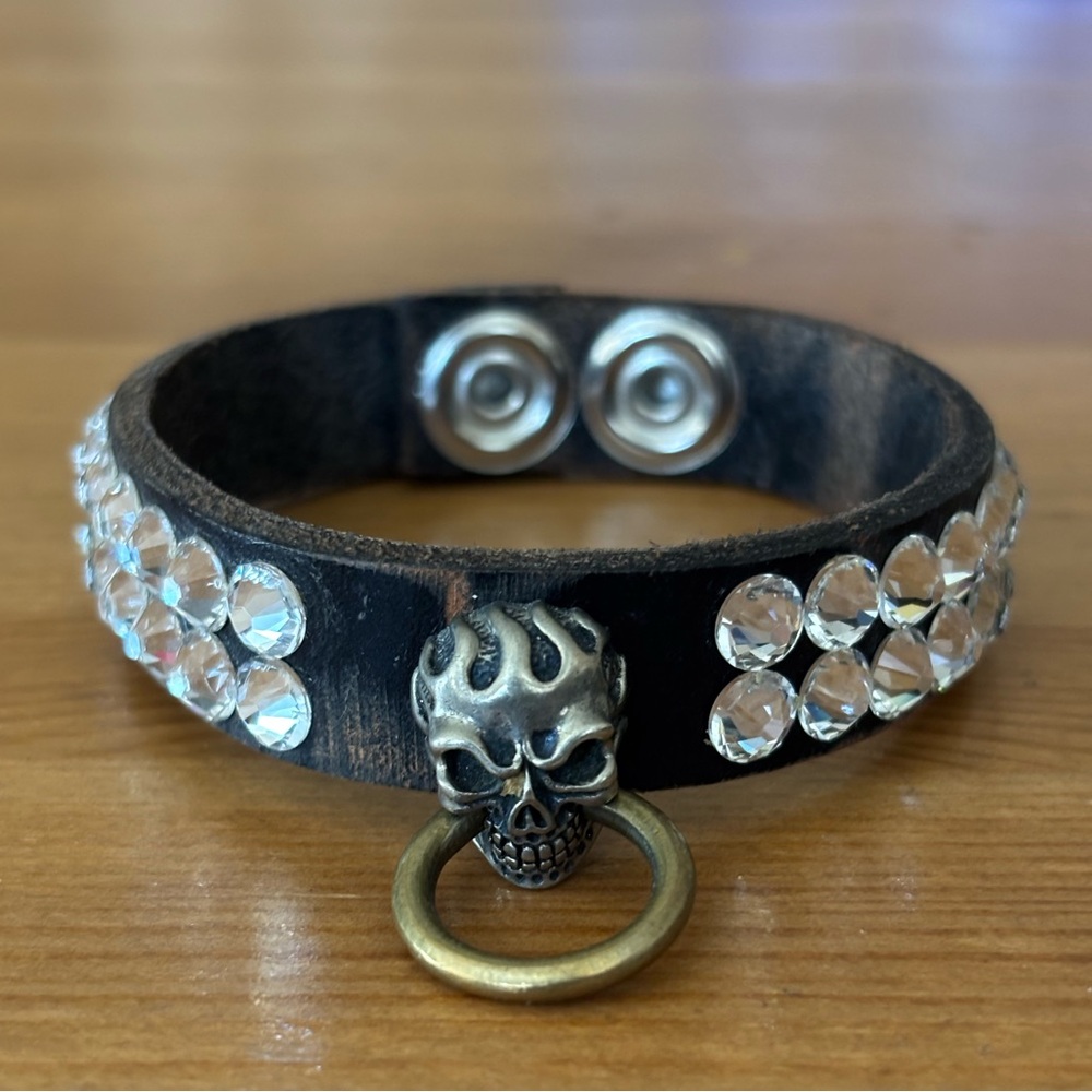 Leather Cuff Bracelet. Black with LOTS of Bling. Snap Closure. 9” in Length.